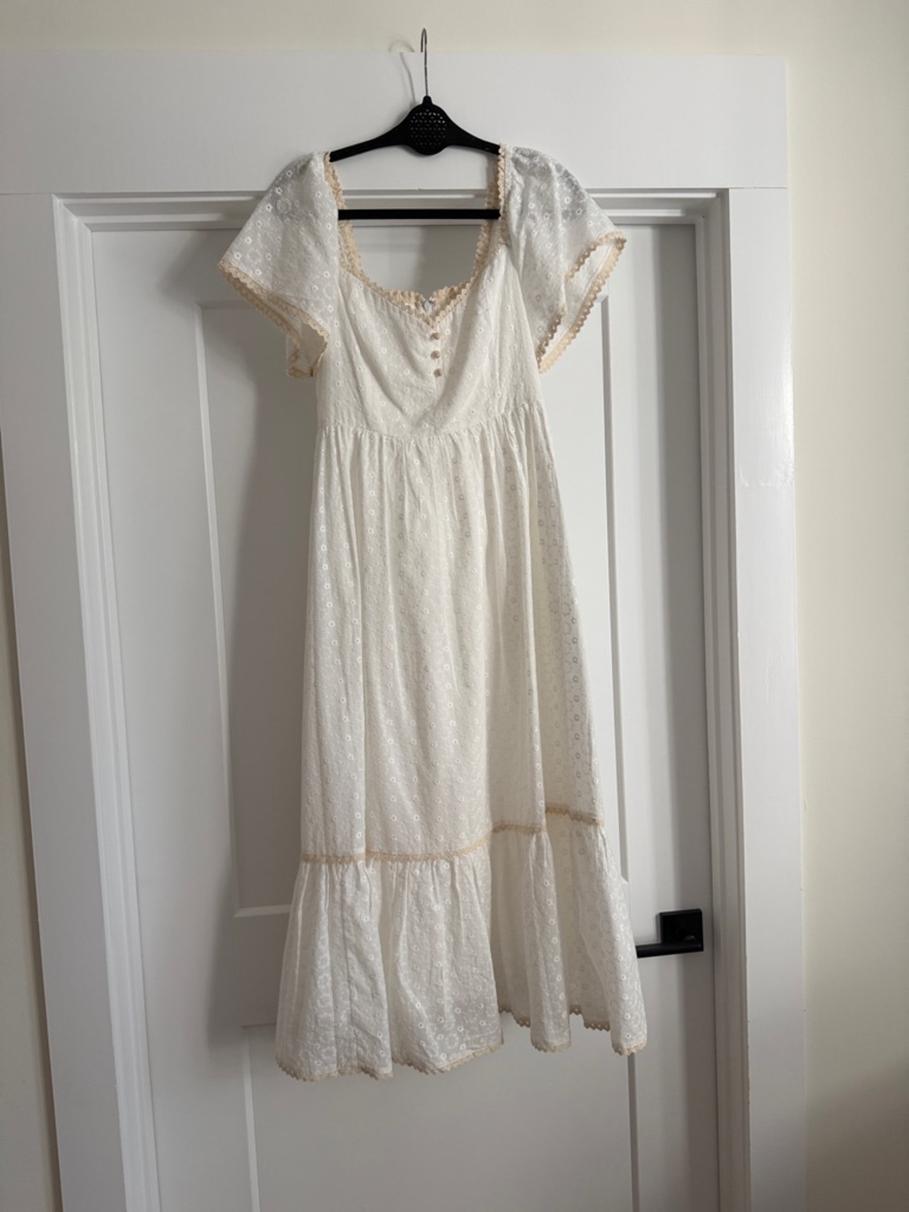 Pomander Place White Eyelet Midi Dress with Cream Trim